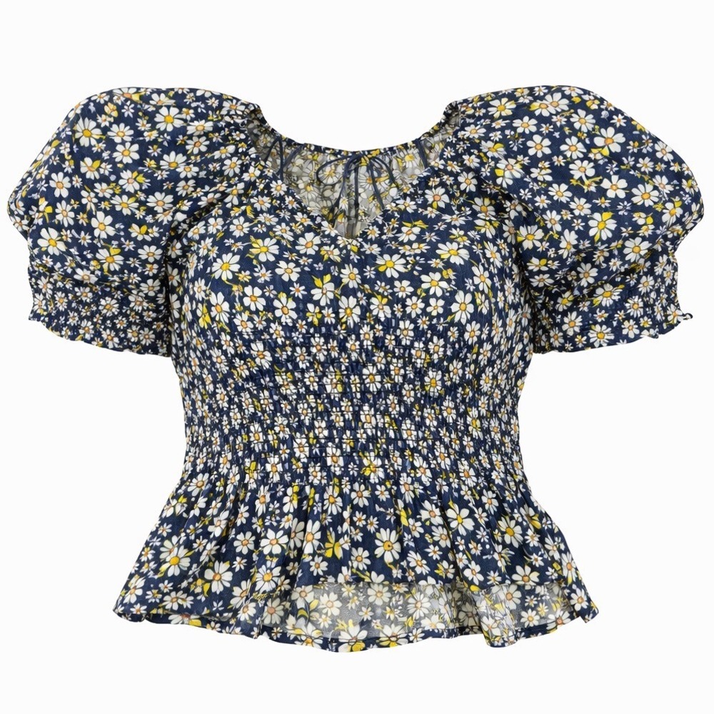 Old Navy Womens XL Navy Blue‎ Floral Daisy Smocked Puff Sleeve Peplum Blouse Top